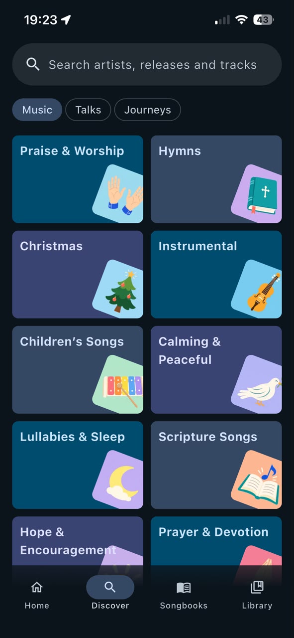 The LoudVoice app — Discover screen, search artists, releases and tracks, with Praise & Worship, Hymns, Christmas, Instrumental, Children's Songs, Calming & Peaceful, Lullabies & Sleep, Scripture Songs, Hope & Encouragement and Prayer & Devotion
