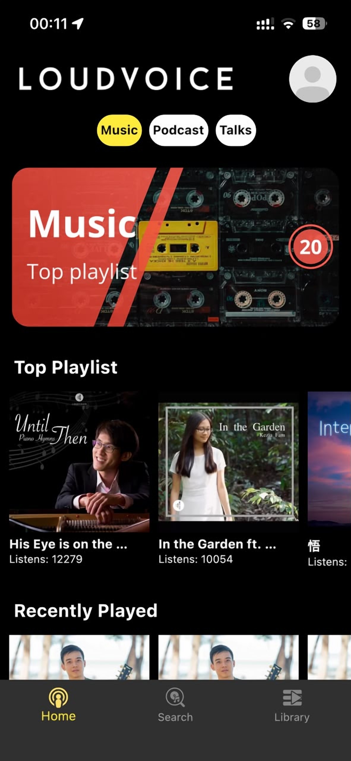 The LoudVoice app home screen, with Music, Podcast and Talks tabs and top playlists