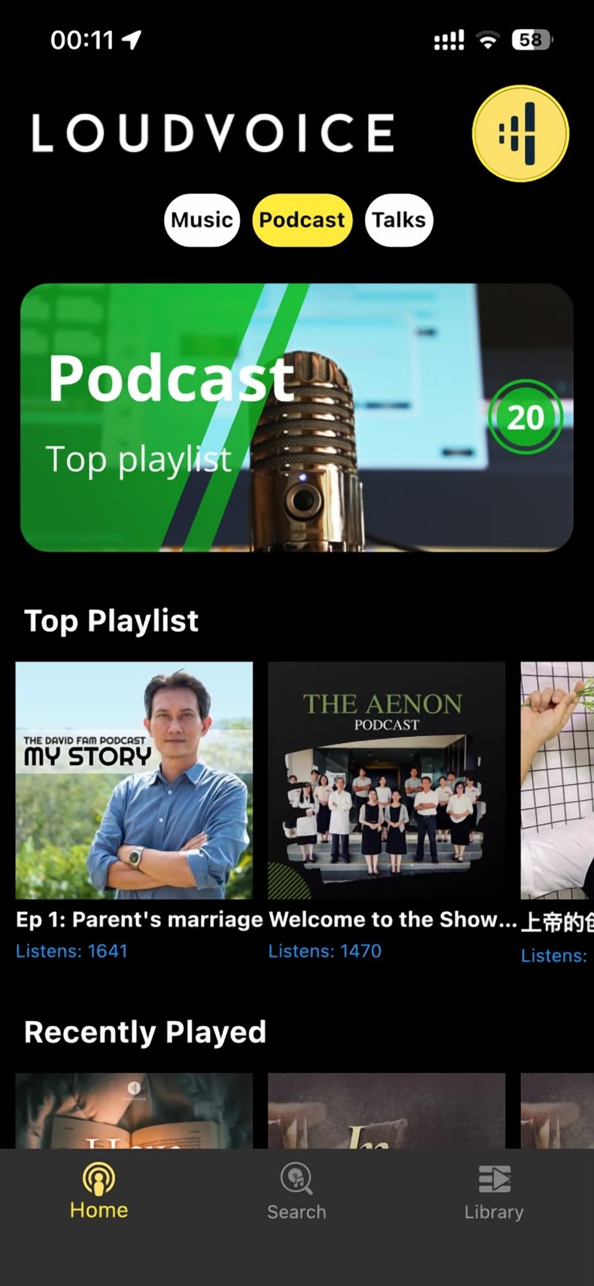 The LoudVoice app podcast screen, showing the top podcast playlist