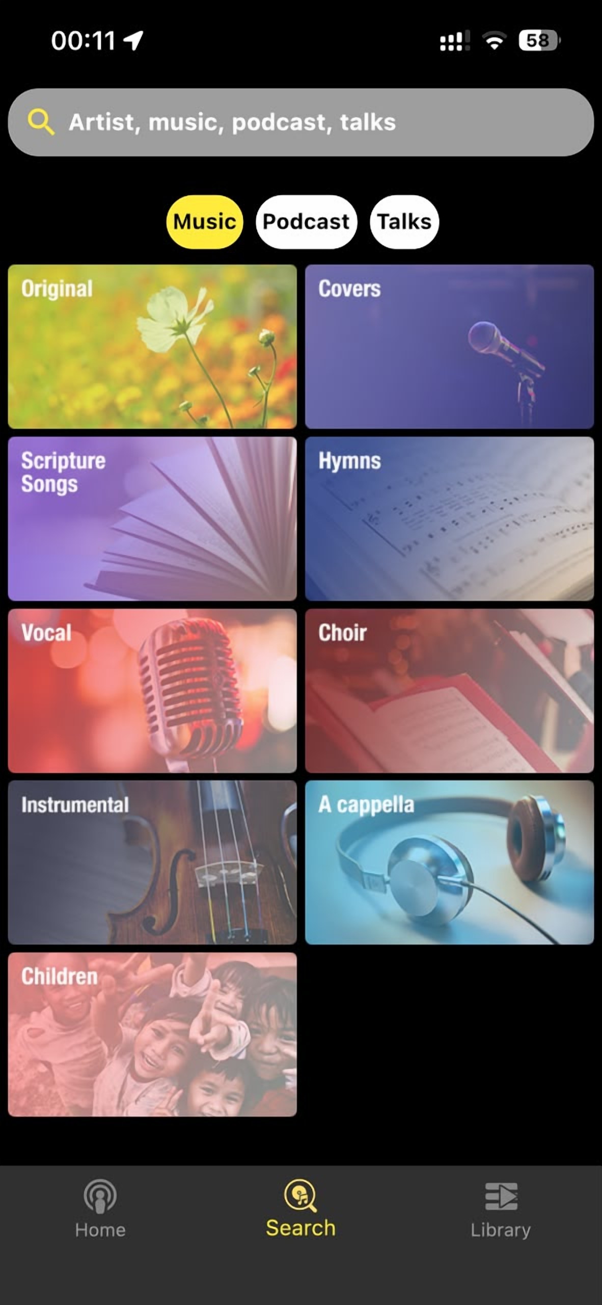 The LoudVoice app search screen, browsing categories such as Original, Covers, Scripture Songs and Hymns