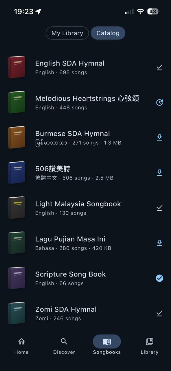 The LoudVoice app — Songbooks screen listing the English SDA Hymnal, Melodious Heartstrings, Burmese SDA Hymnal, 506 Chinese hymnal, Light Malaysia Songbook, Lagu Pujian Masa Ini, Scripture Song Book and Zomi SDA Hymnal