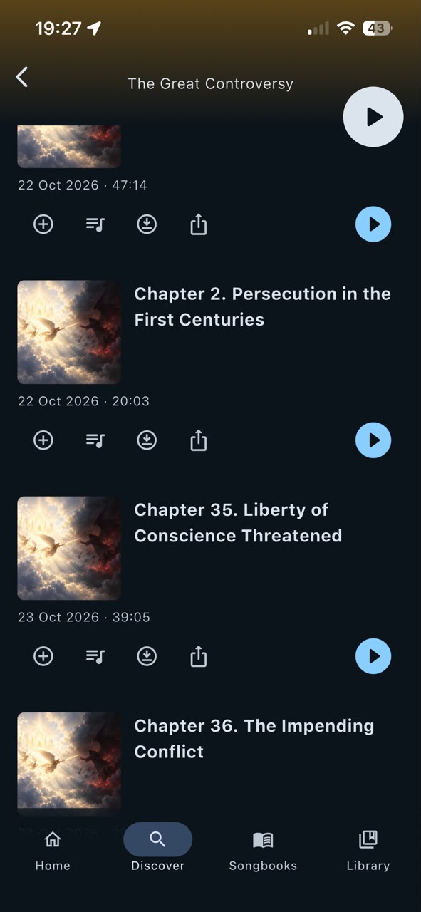 The LoudVoice app — Talks screen, The Great Controversy, with Chapter 2. Persecution in the First Centuries, Chapter 35. Liberty of Conscience Threatened and Chapter 36. The Impending Conflict