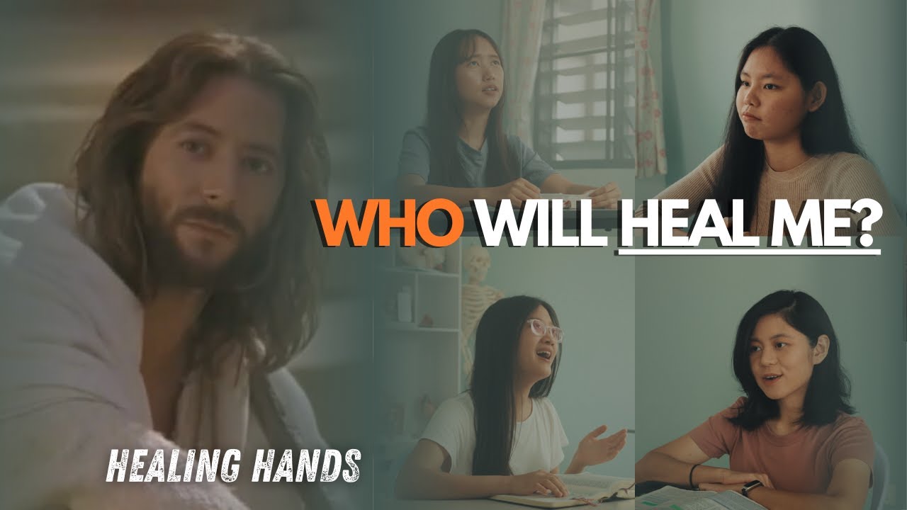 Thumbnail for the music video &ldquo;Healing Hands&rdquo; — a figure of Jesus beside four young women, beneath the words &lsquo;Who will heal me?&rsquo;