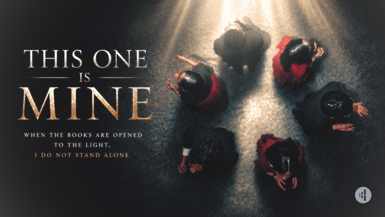 Thumbnail for the music video &ldquo;This One Is Mine | When The Books Are Opened&rdquo; — seen from above, singers kneel in a pool of light beneath the words &lsquo;This One Is Mine&rsquo;