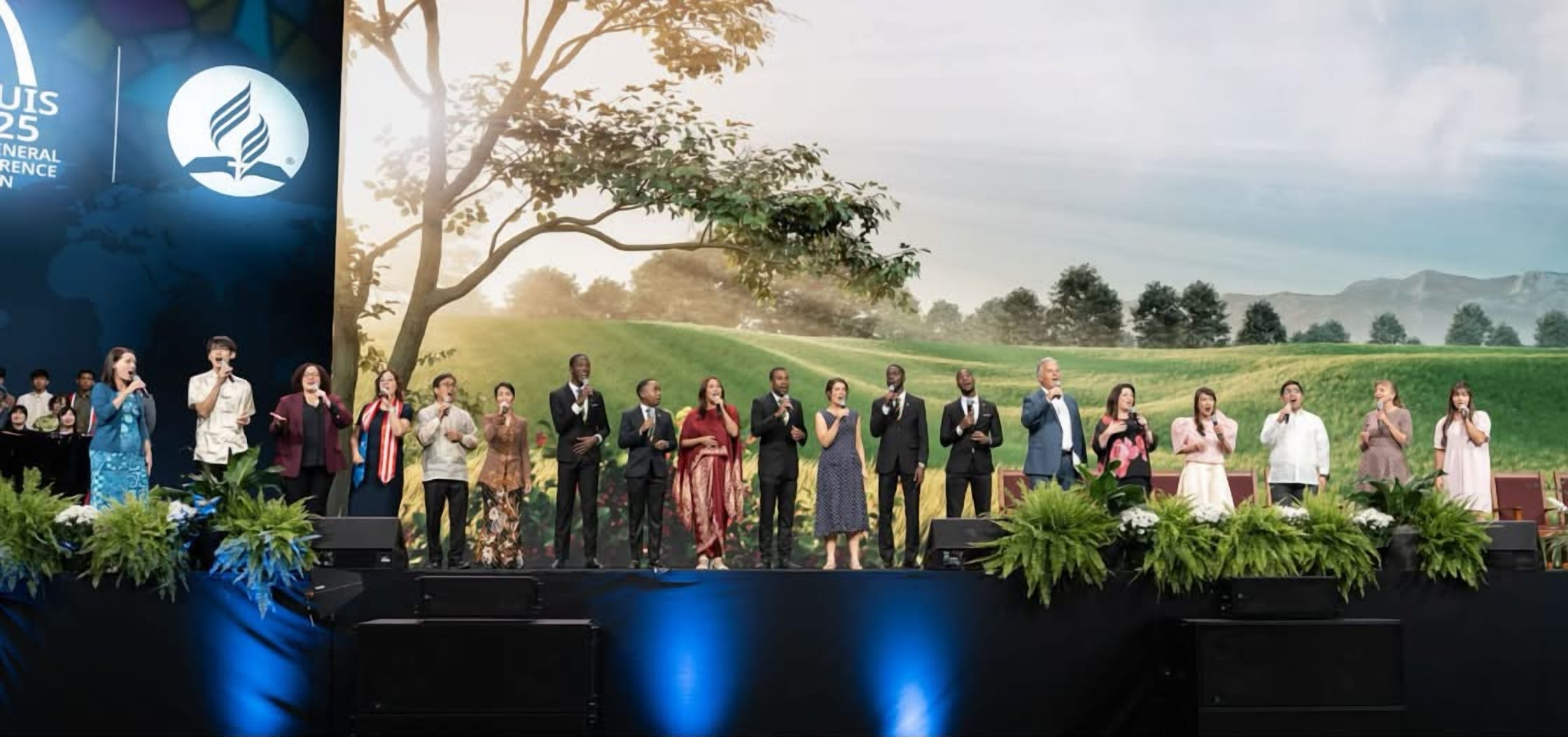 Singers performing on stage during the General Conference session