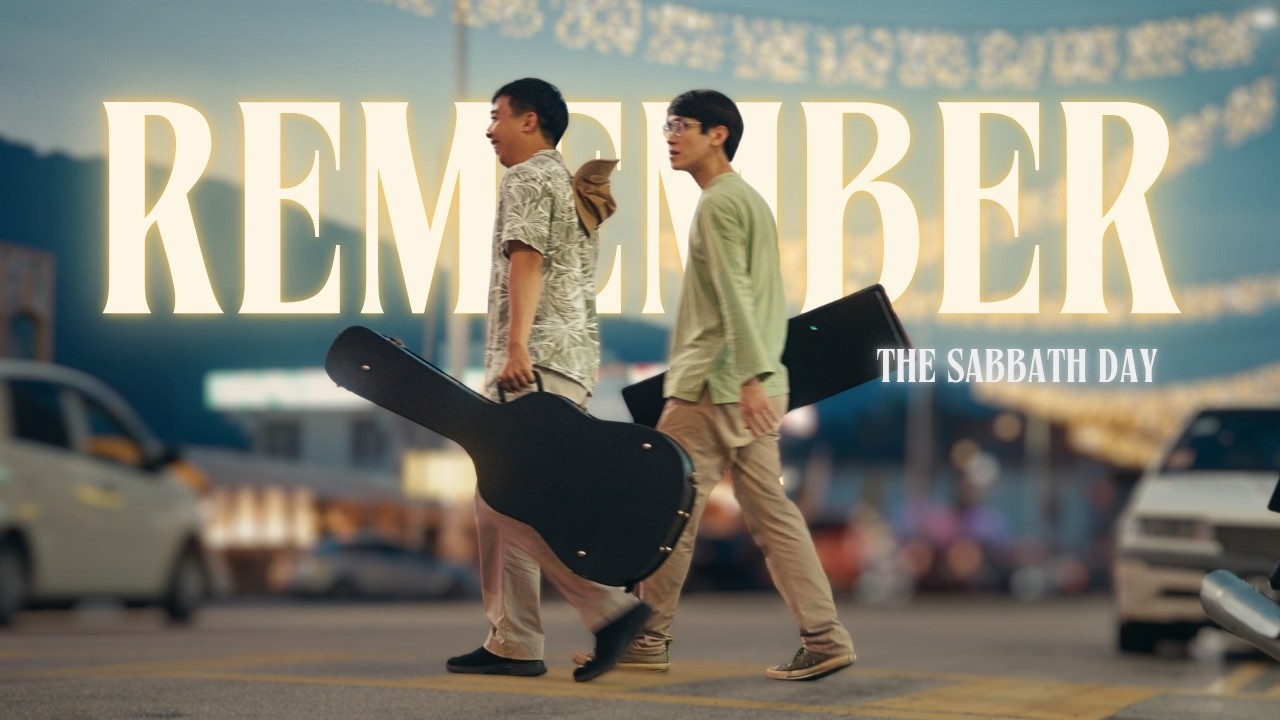 Thumbnail for the music video &ldquo;God&rsquo;s Gift of Rest | Remember the Sabbath Day&rdquo; — two musicians carrying guitar cases beneath the words &lsquo;Remember the Sabbath Day&rsquo;